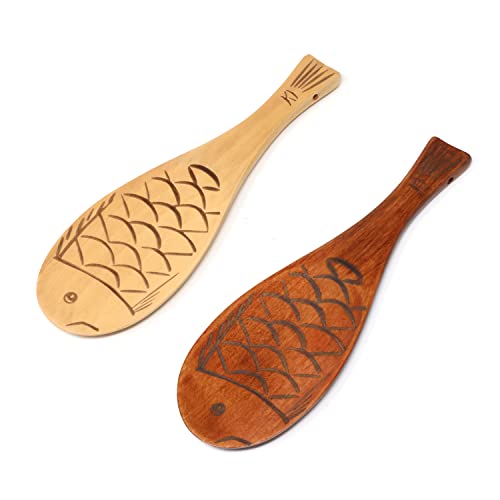 Honbay 2PCS Wooden Rice Paddle Cute Fish Shaped Rice Spoon Heat Resistance Rice Spatula Rice Scooper Cooking Utensil for Rice Potato Salads Desserts (2 Color)