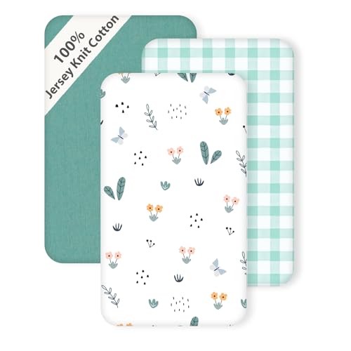 Image of 3 Pack Cotton Bassinet Sheets - 33"x20" for Semphis, Koolerthings, KOOLABABY, NeoBorn, Kiniew, and Cowiewie Baby Bassinet, Ultra Soft & Skin Friendly Bassinet Fitted Sheets, Green Leaf