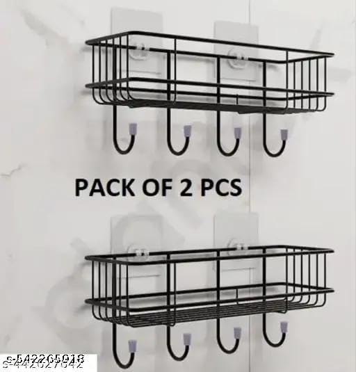 (PACK OF 2) Steel Self-Adhesive Multipurpose Bathroom Shelf with Hooks/Towel Holder/Rack/Bathroom Accessories-Wall Mount - Pack|Design - for home and kitchen 1
