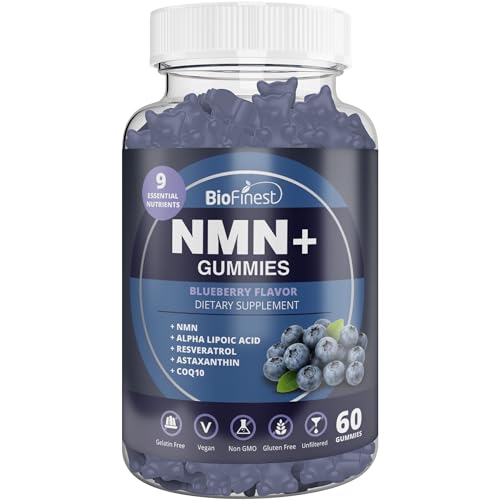 BioFinest NMN+ Gummies with Alpha Lipoic Acid Resveratrol Astaxanthin CoQ10 60 Count Blueberry Cellular Energy Antioxidant Vegan