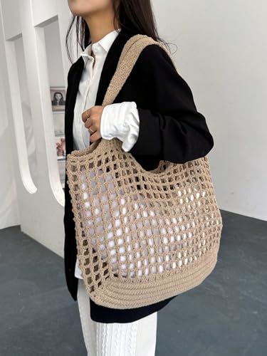 Image of SweatyRocks Women's Crochet Beach Mesh Tote Bags Retro Hobo Knitted Fishnet Handbags Khaki one-size