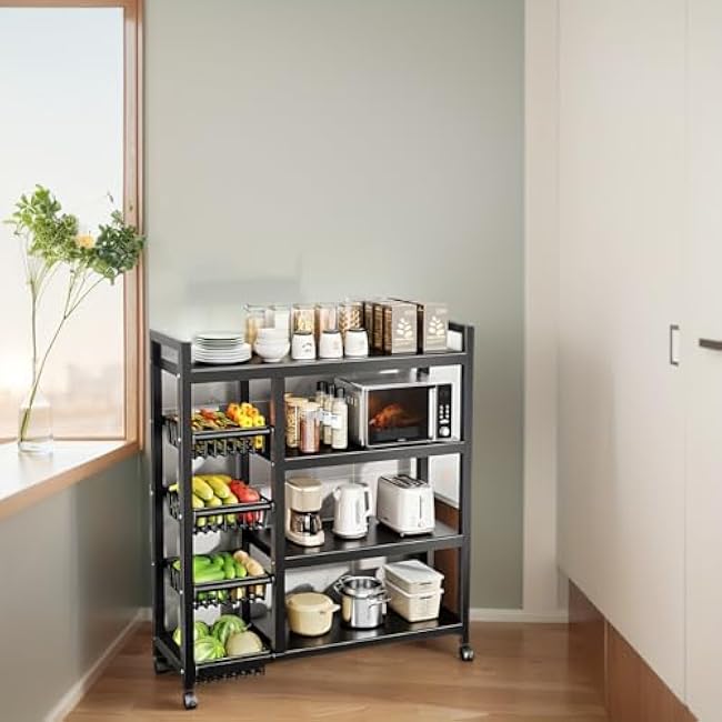 Versatile Metal Storage Cabinet with Wheels, Mobile Utility Cart, Includes Basket for Easy Access, Multi-Layer Organizer for Kitchen, Living Room & Bedroom-dYzIkr8D