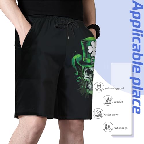 Retro St Patricks Day Irish Clover Skull Mens Swim Trunks Quick Dry Board Shorts with Mesh Lining4