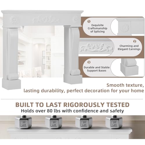 Image of Modern Fireplace Mantel Surround, Decorative Wooden Freestanding Mantel for Electric Fireplace, Waterproof & Anti-Tipping, Premium MDF Mantel with Leg for Living Room, White