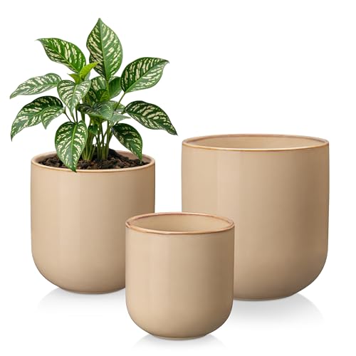 Ceramic Plant Pots, 4+5+6 inches, Set of 3, Planters with Drainage Hole, Flower Pots Planters Pots for Indoor Plants, Modern Indoor Decorative Garden Pot, Home Decor, Brown