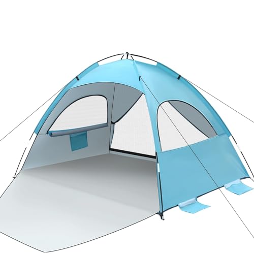 Image of Campasist Beach Tent, Beach Tent Sun Shade Shelter for 2-3 Person with UPF 50+ UV Protection, Portable Easy Setup Beach Shade Tent with Double Door, 2 Mesh Windows, Sandbags, Stakes & Carry Bag