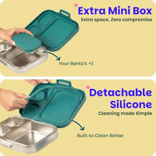 Image of Basil Bento Box Quad Plus - 3+1 Compartment Stainless Steel Lunch Box (1020ml) with BPA-Free Lid | Leak-Proof Tiffin for Kids & Adults | Premium Lunch Box for School, Office & Picnic - Bengal Bagh