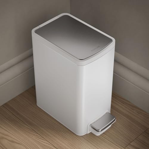 KOHLER 31319-STW 6 Liter (1.5 Gallon) Step Trash Can, Fingerprint Resistant, Quiet Close Lid, Stainless Steel + White