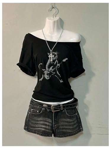 Image of RoseSeek Women's Off The Shoulder Goth Graphic Tees Short Sleeve Asymmetrical Oversized Y2K T Shirts