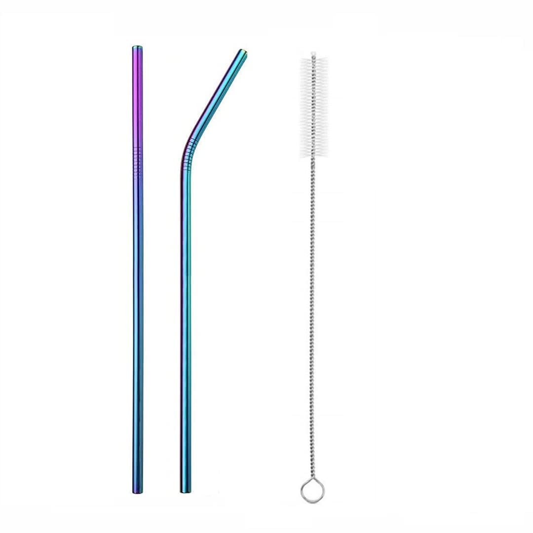 FancykuReusable Stainless Steel Drinking Straws Rainbow Colour Set (1 Bent + 1 Straight + 1 Brush Cleaner) (Rainbow, Pack of 3)
