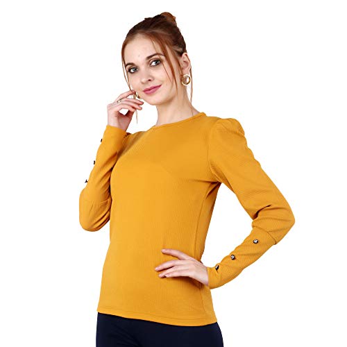 Image of POPWINGS Casual Solid Puff Button Long Sleeves Tops for Women || Summer Round Neck and Stylish Western Top for Women