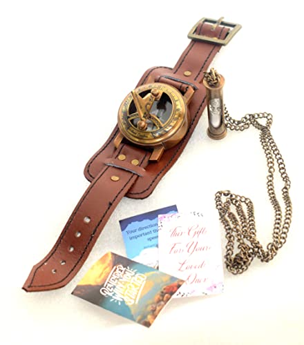 Antique Vintage Sundial Compass Wrist Band Navigational for Survival and Direction Antique Sand Timer Necklace Gift by ROYAL FALCON CRAFTS