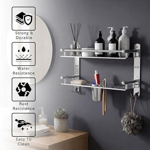 Image of GLOXY Premium Stainless Steel Bathroom Shelf Combo Pack of 3 | Chrome Finish Bathroom Accessories Set with Soap Holder, Toothbrush Holder & Storage Shelves | 4 in 1 Wall Mounted Bathroom Organizer
