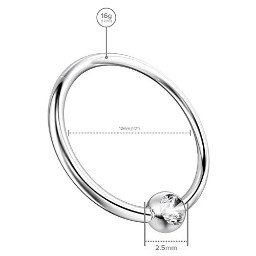 Evonix BQCPBRCLK-12MMCZ 2Pc 16G Hinged Captive Bead Ring Clicker Helix Earring Nose Hoop Cartilage Tragus Lip Septum Rook Forward Eyebrow 12Mm Cubic Zirconia Cz thumb #1
