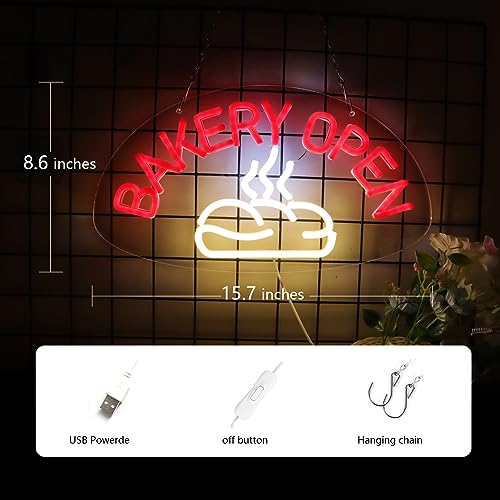 Image of BAKERY OPEN Neon Signs for Wall Decor Neon Lights for Bedroom Led Business Signs Suitable for Bakery Cake Shop Restaurants Canteen Christmas 5V Power Adapter, 15.7 * 8.6 Inch(Red + White)