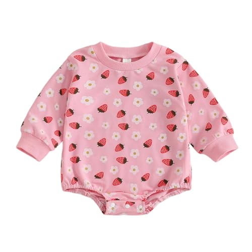 Image of FYBITBO Fall Baby Girl Clothes Strawberry Sweatshirt Romper Long Sleeve Sweater Bubble Onesie Winter Outfit Newborn Infant