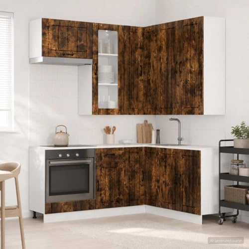 Image of Gecheer 8-Piece Modern Kitchen Cabinet Set with Adjustable Feet, Anti-Tip Wall Attachment, Engineered Wood, Smoked Oak Finish, Easy Care, Assembly Required 3438406