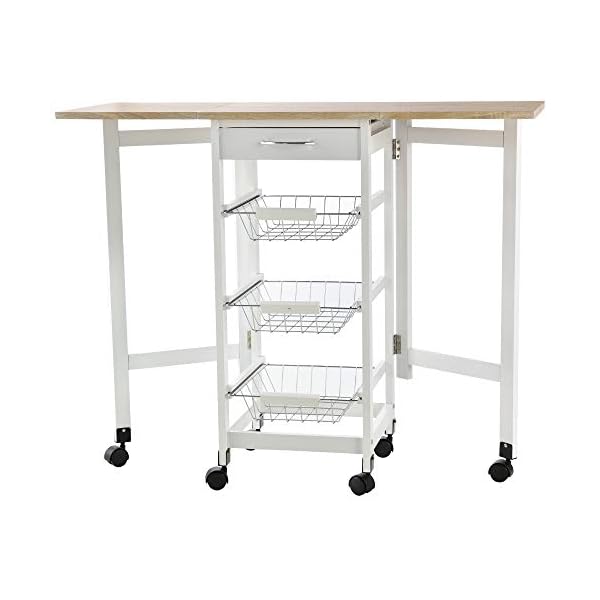 HOMCOM Drop-Leaf Kitchen Cart Trolley w/ 3 Baskets Drawer Surface Top 6 Universal Wheels Rolling Storage Unit Kitchen Home Dining Island White Oak Tone