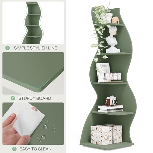 Tribesigns Corner Shelf, Modern 5-Tier Wall Corner Bookshelf, Stylish Corner Small Bookcase Storage Rack Plant Stand with Unique Shape for Living Room, Home Office (Sage Green, 1PC) by Tribesigns - Image 7