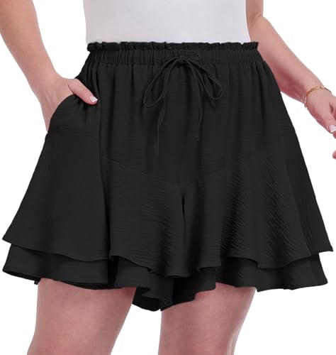 OLRIK Plus Size Shorts for Women with Pockets High Waisted Flowy Shorts for Curvy Women Ruffle Butterfly Skorts Anti-Chafing Summer Beach Outfits Black-3X