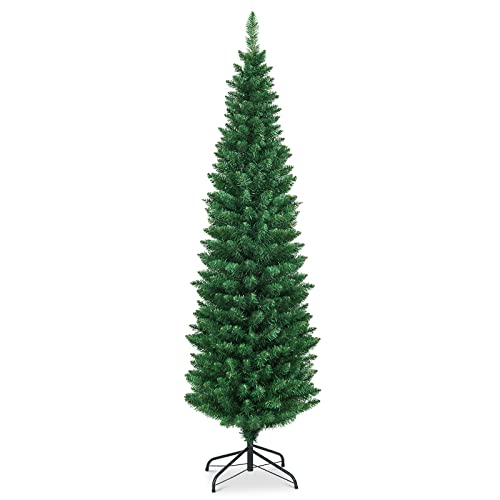 Artificial Pencil Christmas Tree, Premium Hinged Pine Tree with Solid Metal Legs, Perfect for Home, Shops and Holiday Decoration, Green (6FT)