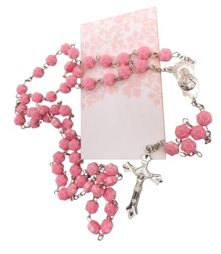 Westmon Works First Communion Rosary Set for Girls with Pink Rose Shaped Bead Case and Holy Card4