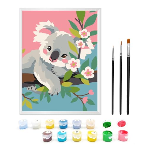 Zimrobin Malen Nach Zahlen ab 5 6 7 Jahre Mädchen und Junge Malen Nach Zahlen für Kinder mit Rahmen 3 Pinsel und Acrylfarben 18 X 24cm(Koala im Baum)
