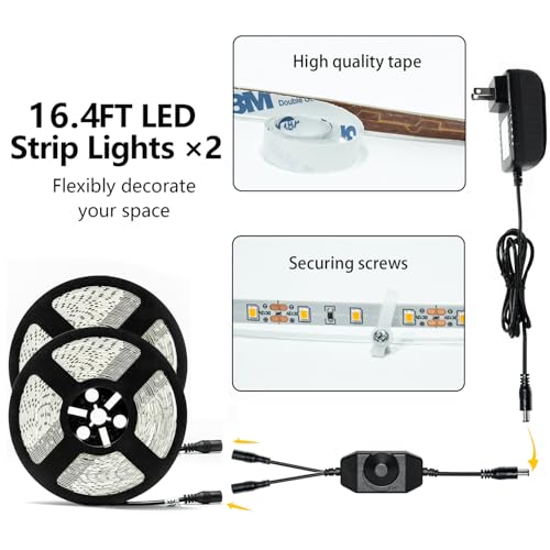 Image of LED Strip Lights 33ft Dimmable 3000K Bright Warm White Strip Lighting, 10M 600 LEDs 2835 Flexible Ribbon Light 12V LEDs Tape LED Lights for Bedroom Kitchen Home Decoration