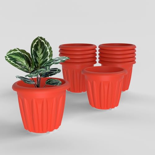 Image of YUCCABE ITALIA SHERA Floot 8 Inch Plastic Flower Pot 12 Piece Set of Round Shape Planter for Home Garden Seedling Planter for pots (Red)