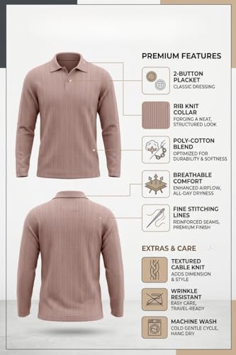 Image of BEAR THREAD Men's Polo T-Shirt | Linear Jacquard Full Sleeve Textured Knit Polo | Smart Casual Collared Stretch Fabric Tee | Stylish Everyday Wear for Men