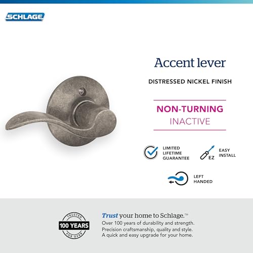 Image of Schlage Accent Lever Non-Turning Lock in Distressed Nickel - Left Handed - F170 ACC 621 LH