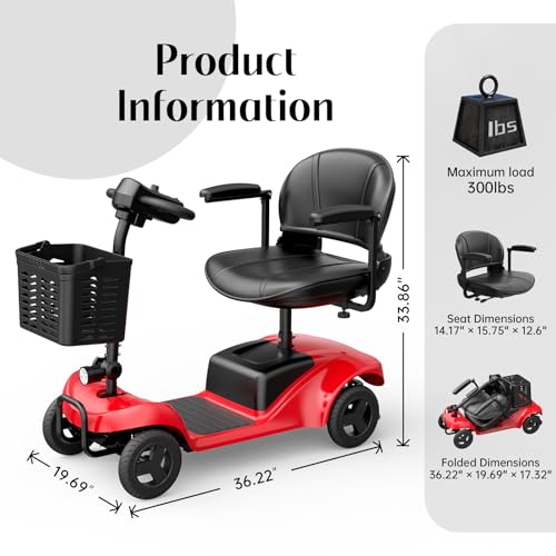 Image of Mobility Scooter,4 Wheel Mobility Scooter,28 Miles Range,300LBS Capacity,Lightweight and Portable,with LED Headlights and Basket,Charger Included,Gifts Suitable for Elders,Red