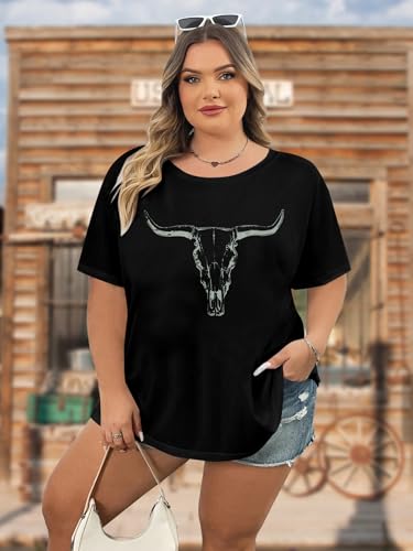 Plus Size Western Shirt for Women Cow Skull Shirt Boho Cowgirl T-Shirt Rodeo Graphic Tee Vintage Country Music Tops2