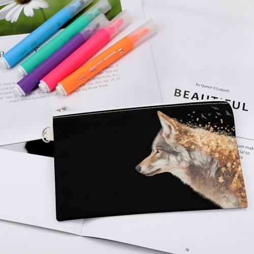 Wolf Golden Leaves Birds Fashion Coin Purse Change Makeup Bag Canvas Pencil Pouch Travel4