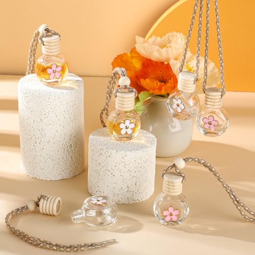 Image of BBTO 50 Pcs Hanging Car Air Freshener Car Diffuser Bottles Empty Glass Perfume Bottle Freshener Diffuser Bottle Pendant for Essential Oil Fragrance Aromatherapy Ornament(Clear,Flower)