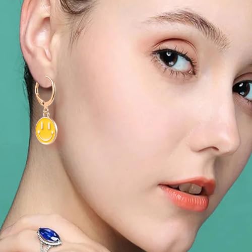 Image of Smiley Face Earrings Huggie Hoop Y2K Preppy Happy Lightning Bolt Heart Star Small Dangle Colorful Gold White Red Pink Yellow Blue Jewelry