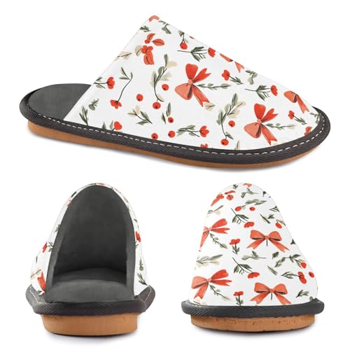 Slippers for Women Red Bow Red Berry Pattern Soft Winter Warm Shoes Indoor Outdoor Non-Slip House Travel Slippers4