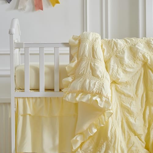 Image of Ruffled Mini Crib Bedding Set Baby Boho Quilted Comforter with Fitted Sheet and Bed Skirt - Cute Soft Breathable Seersucker Shabby Bedding Soft Blanket Only for Mini Crib - Yellow