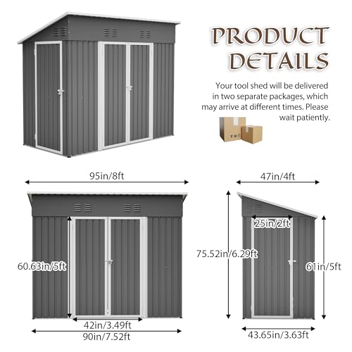 Image of YOPTO 4x8 FT Outdoor Storage Shed with Floor Frame,Metal Shed W /Left /Right Optional Lockable Door,Heavy-Duty Garden Tool Storage House W / 4 Air Vents & Sloping Roof,for Backyard,Patio,Lawn,Gray