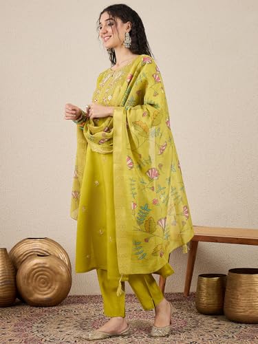 Image of VredeVogel Women's Beads Embroidered Silk Blend Kurta Pant Set with Organza Dupatta | Perfect for Festive & Casual Ethnic Kurta Set for Women