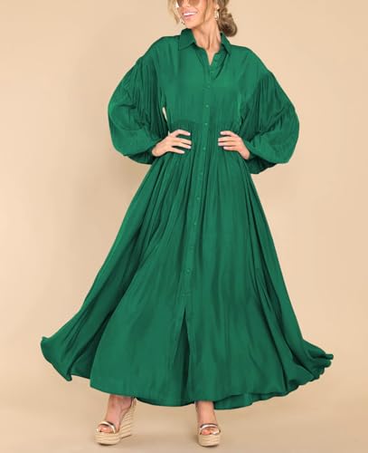 Image of chouyatou Women's Casual Long Sleeve Button Down Shirt Dress Elegant Pleated Flowy Swing Maxi Dress