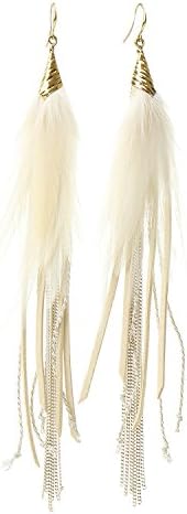 Fashion White Faux Leather Real Feather Earrings Dangle Drop Long Tassel Handmade for Women Girls (White)