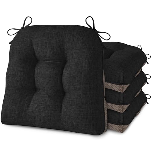 Image of AddGrace Chair Cushions for Dining Chairs Set of 4 Kitchen Seat Cushions with Ties and Non Slip Backing Tufted Indoor Seat Pad for Kitchen Dining Room 18 inch x 17 inch x 3 inch Black