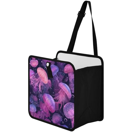 Image of Car Trash Can Organizer Bin with Adjustable Strap for Back Front Seat Console Waterproof Leakproof Collapsible Portable 8.66 Inch Jellyfishes and Bubbles Pink