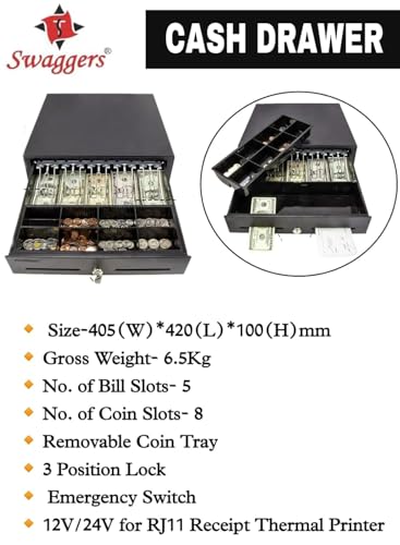 Image of swaggers Metal Cash Drawer For Point of Sale (POS) System with Removable Coin Cash Tray, 5 Bills /8 Coins slots Drawer with RJ11 Interface Key Lock | Black Colour