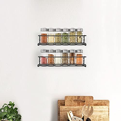 Joejis 2 Pcs Set Spice Shelf Herb Rack for up to 12 Jars - 3M Self Adhesive or Screw Mounting - Seasoning Organiser for Kitchen Pantry Cupboard - Black