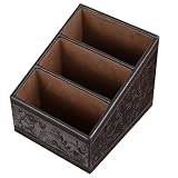 ULTECHNOVO Caja decorativa de piel con tres compartimentos, porta mandos a distancia multifunción para Hotel y el hogar, contenedor organizador retro para mandos a distancia, cosméticos y papelería