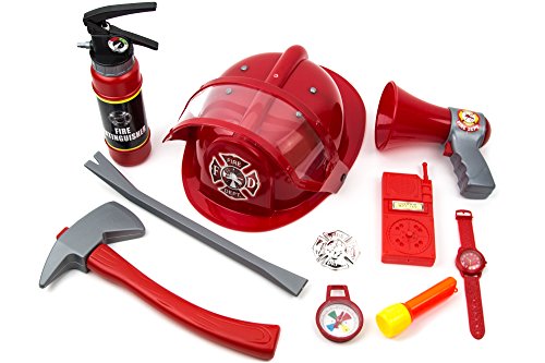 Toysery Fireman Costume for Kids - 10 Piece Firefighter Role Play Kit with Fire Extinguisher Helmet and Other Accessories for Boys and Girls