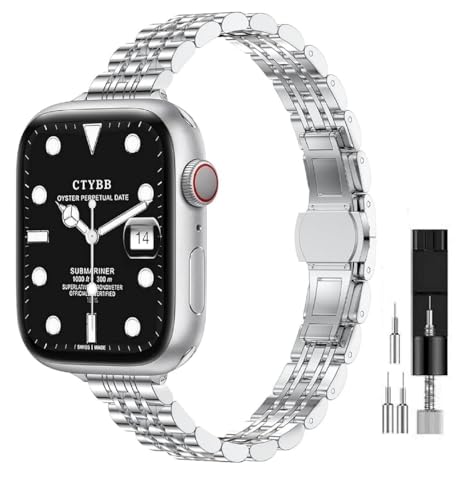 Image of Slim Metal Band Compatible with Apple Watch Straps 42mm [Series 10] 41mm 40mm 38mm, Stainless Steel Chain Strap for Women iWatch Straps Series 9 8 7 6 5 4 3 2 1 SE [WATCH NOT INCLUDED]