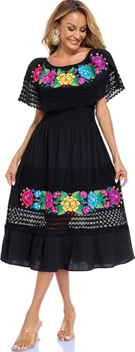 Image of YZXDORWJ Women Embroidered Mexican Peasant Casual Sexy Lace Off-Shoulder Long Dress